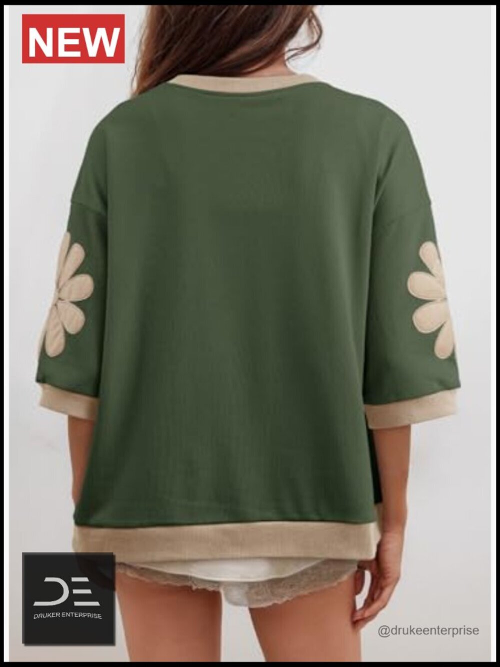 Oversized 3/4 Sleeve Floral Patch Crewneck Pullover Sweatshirt - Picture 3 of 7